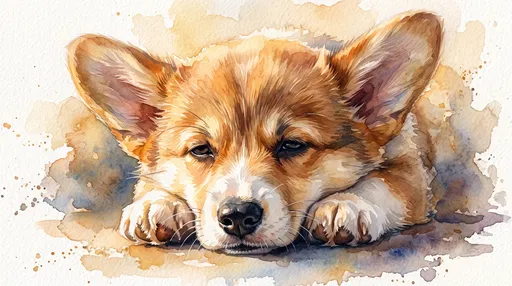 Watercolor Illustration of Sleepy Corgi Puppy