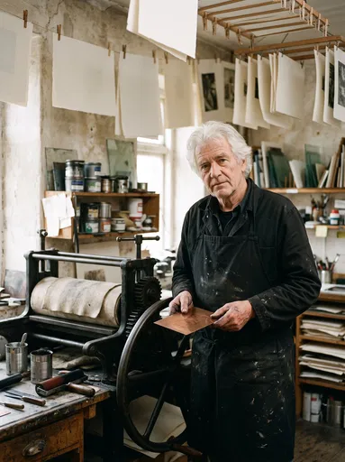 Printmaker Holding Copper Plate by Etching Press