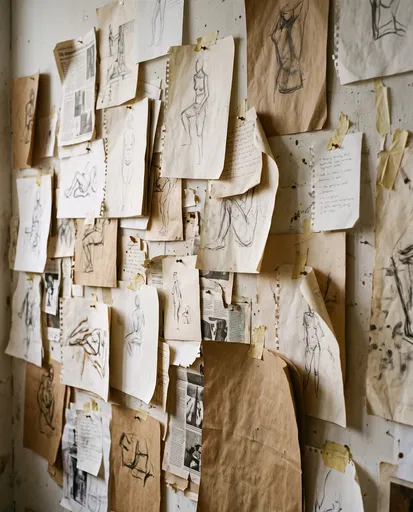 Pinned Figure Sketches on Studio Wall