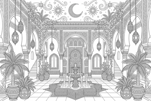 Symmetrical Moroccan Courtyard Adult Coloring Page