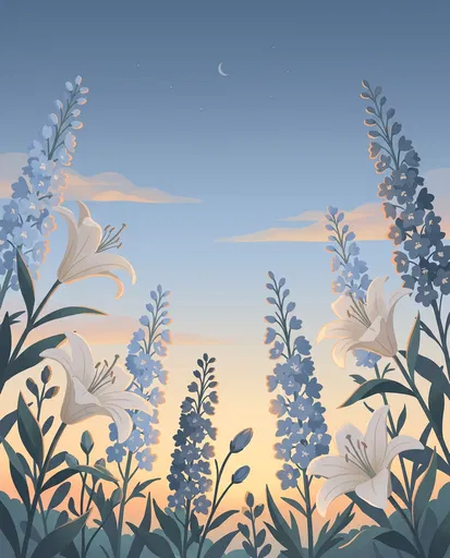 White Lilies and Delphiniums at Dusk