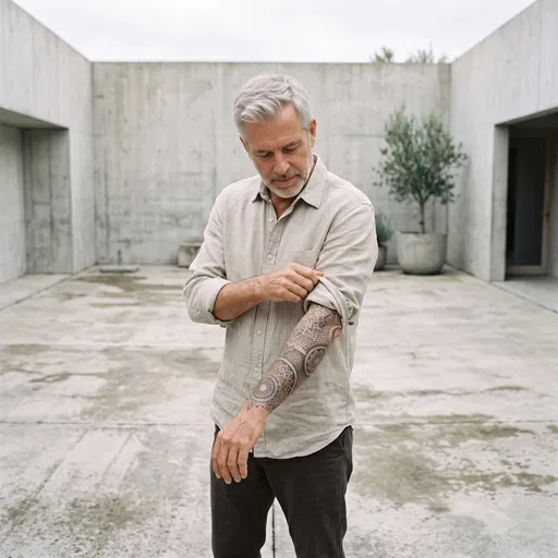 Mature Man Showing Geometric Forearm Tattoo