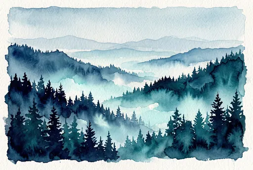 Teal Watercolor Misty Pine Forest Landscape