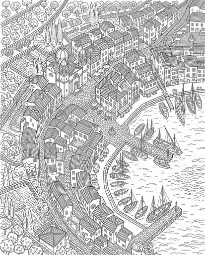 Mediterranean Harbor Village Coloring Page