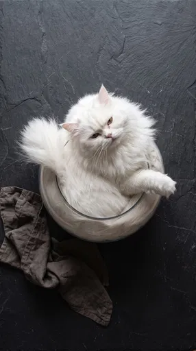 Fluffy White Cat in Glass Bowl
