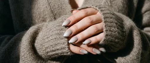 Close-Up of Greige Silver French Manicure