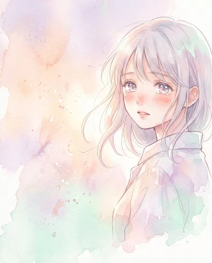 Pastel Watercolor Anime Girl Crying
