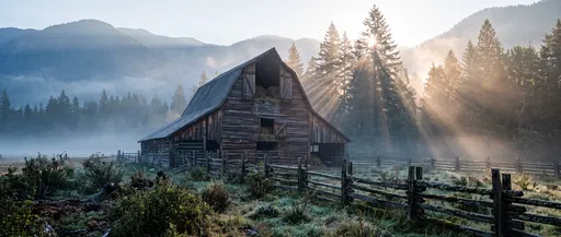 Rustic Wooden Barn in Misty Mountain Dawn