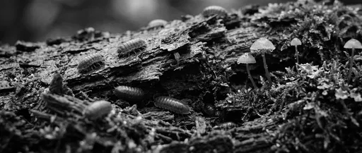 Monochrome Macro of Woodlice and Fungi