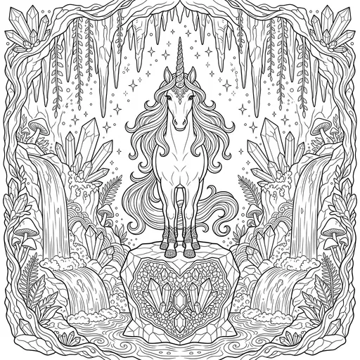 Unicorn in Crystal Cavern Coloring Page