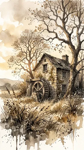 Sepia Watercolor Illustration of Old Stone Watermill