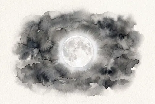 Monochrome Watercolor Full Moon in Clouds