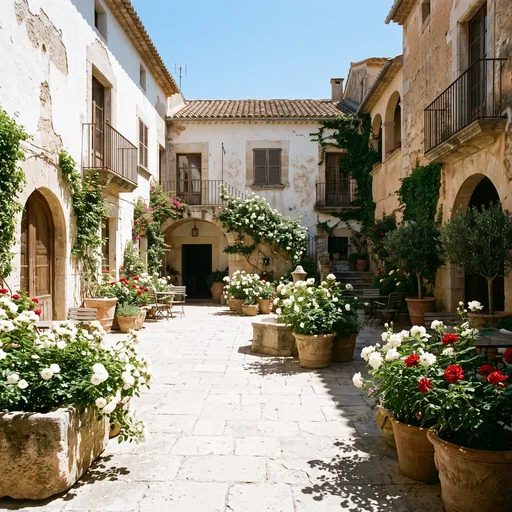 Sunlit Mediterranean Courtyard With Blooming Roses