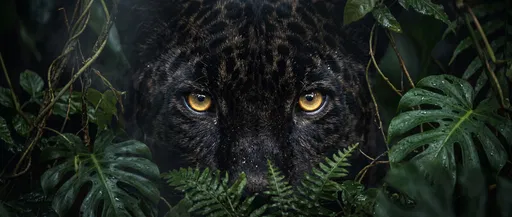 Black Jaguar Peering Through Jungle Foliage