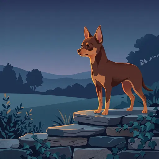 Chihuahua Standing on Stone Wall at Dusk