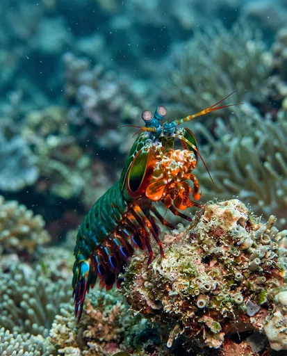 Vibrant Peacock Mantis Shrimp on Coral Reef