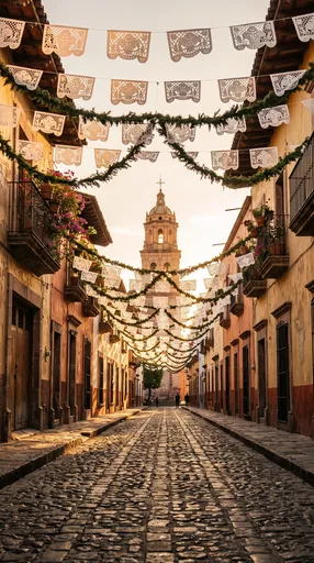 Festive Colonial Cobblestone Street at Golden Hour
