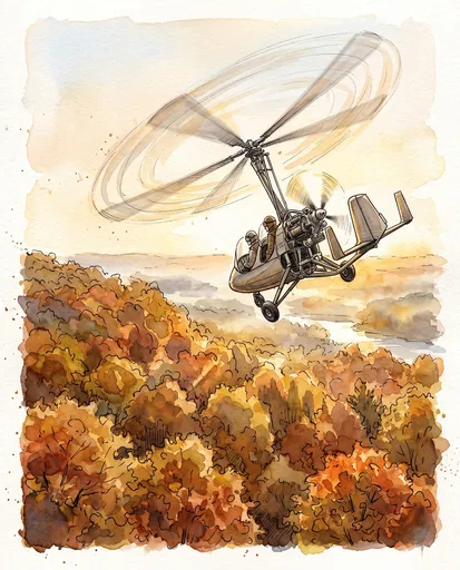 Watercolor Tandem Autogyro Over Autumn Forest