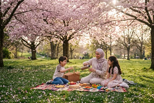 Mother and Children Enjoying Spring Cherry Blossom Picnic