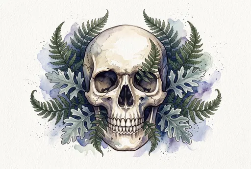 Watercolor Skull with Ferns and Leaves