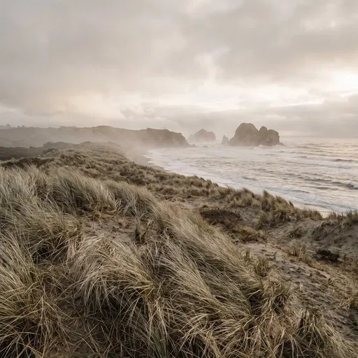 Misty Coastal Dunes and Sea Stacks