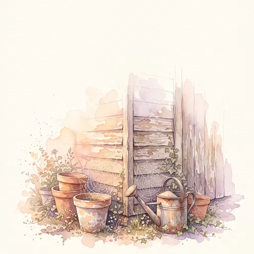 Watercolor Garden Shed Corner with Pots