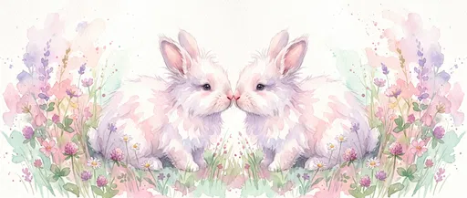 Pastel Watercolor Rabbits Touching Noses