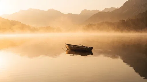 Wooden Rowboat on Misty Alpine Lake