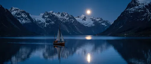 Wooden Sailboat on Moonlit Mountain Fjord