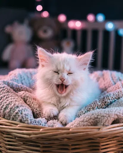 Fluffy White Kitten Yawning in Basket