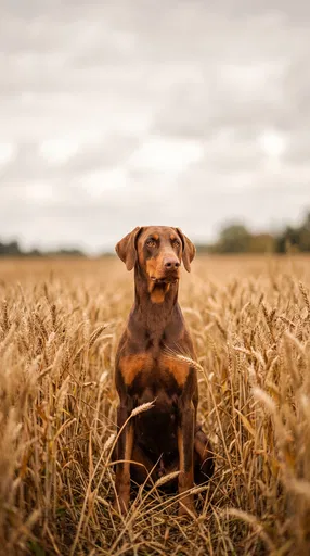 Red Doberman Sitting in Wheat Field