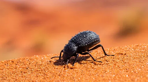 Black Beetle With Droplets on Orange Sand
