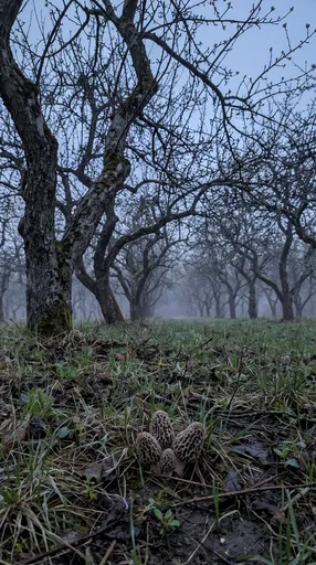 Morel Mushrooms in Misty Apple Orchard