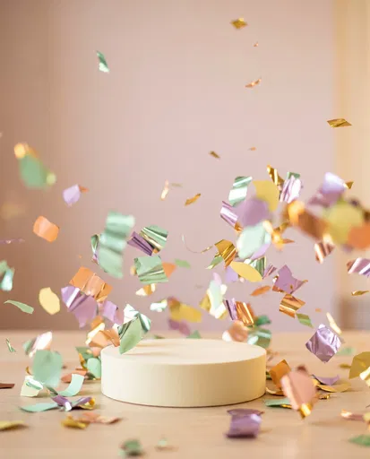 Pastel Confetti Falling Around Cream Pedestal