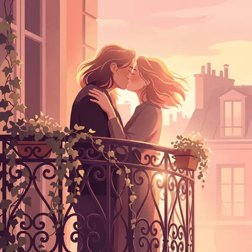 Couple Kissing on Balcony at Sunset