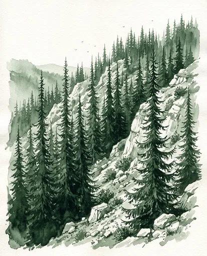 Monochrome Green Watercolor Spruce Mountain Forest