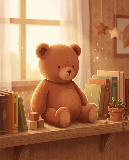 Teddy Bear on Sunlit Nursery Shelf