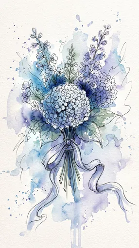 Blue Hydrangea Bouquet Watercolor and Ink Illustration