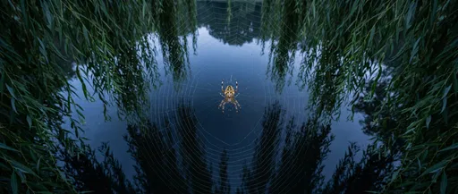 Spider in Orb Web Over Pond