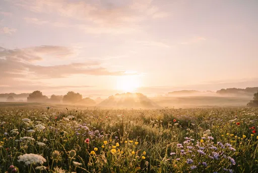 Misty Wildflower Meadow at Sunrise