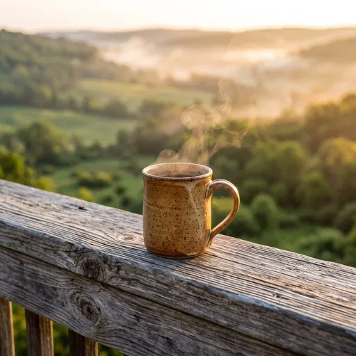 Steaming Mug on Wooden Railing at Sunrise