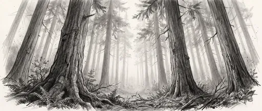 Graphite Sketch of Misty Pine Forest