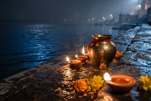Brass Kalash and Oil Lamps by River