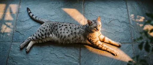 Spotted Cat Stretching in Sunbeam on Slate