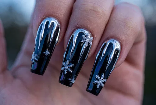 Black and Silver Chrome Winter Nail Art