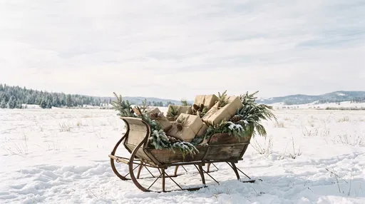 Rustic Wooden Sleigh With Gifts in Snow