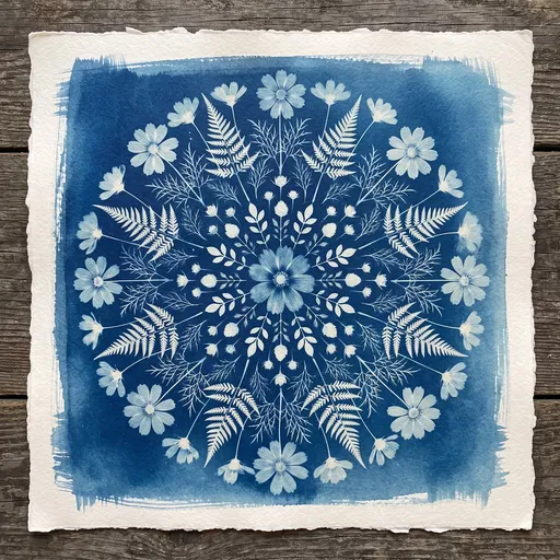 Botanical Cyanotype Mandala on Deckled Paper