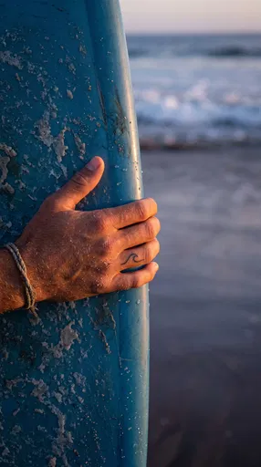 Surfer Hand With Wave Tattoo on Surfboard