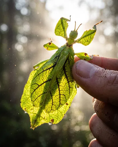 Backlit Green Walking Leaf Insect in Hand