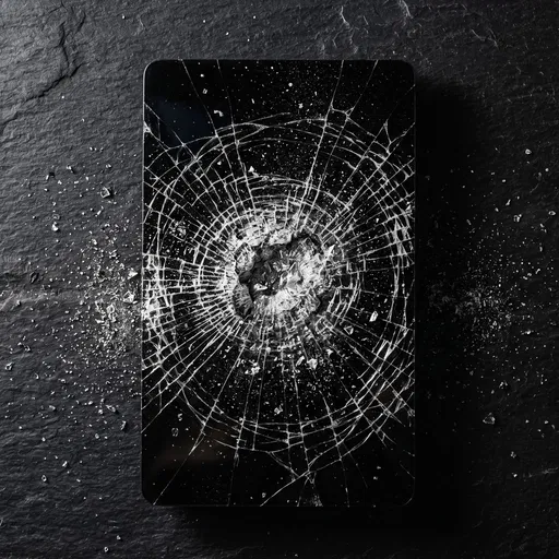 Shattered Black Glass Screen on Dark Stone